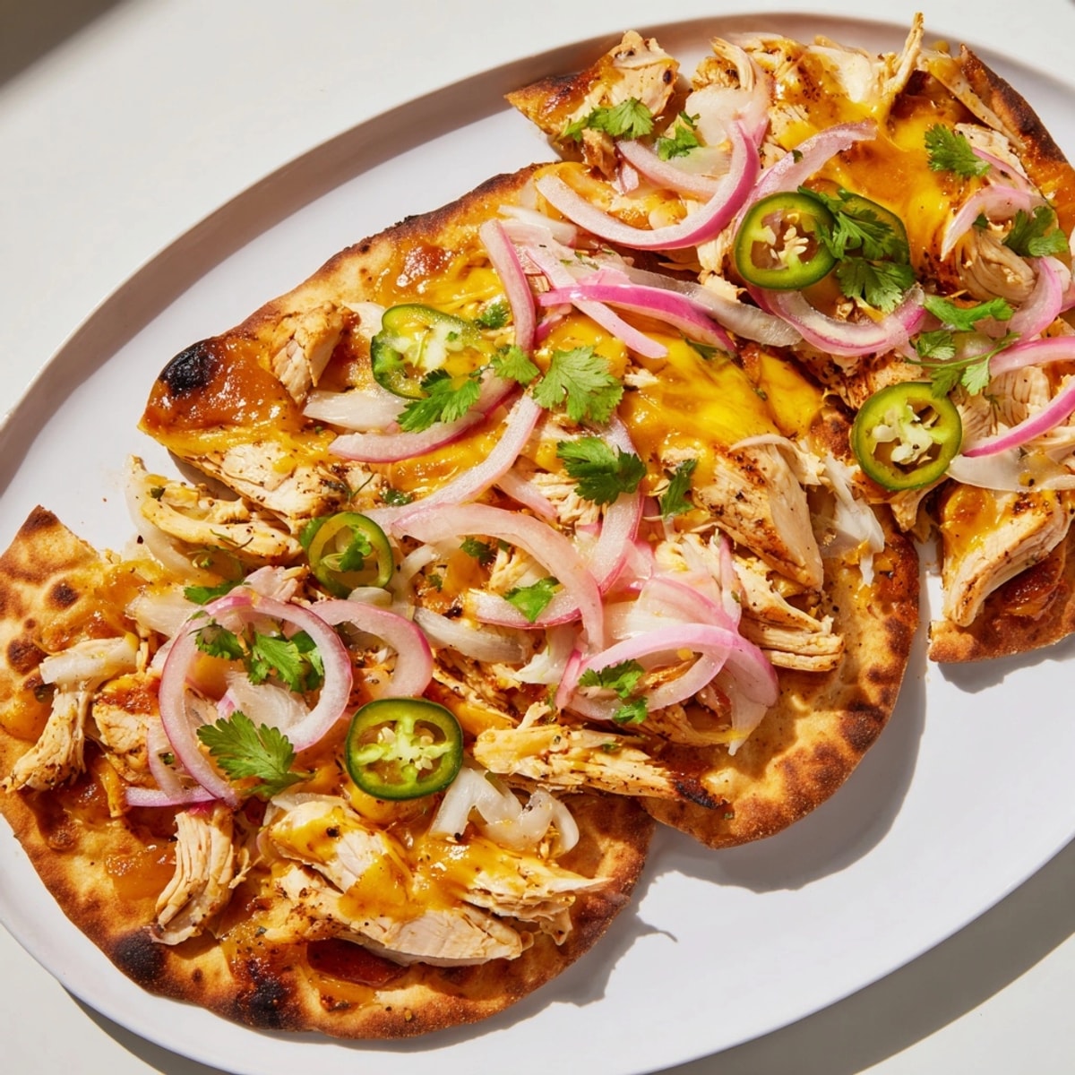 Homemade Mango BBQ Chicken Flatbread—sweet, smoky, savory flavors on crispy crust.