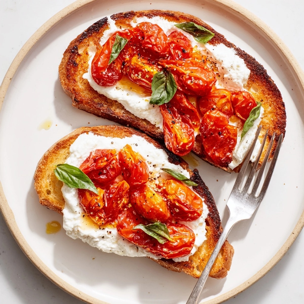 Ricotta Roasted Tomato Toasties: Golden sourdough topped with creamy ricotta and blistered, juicy tomatoes.