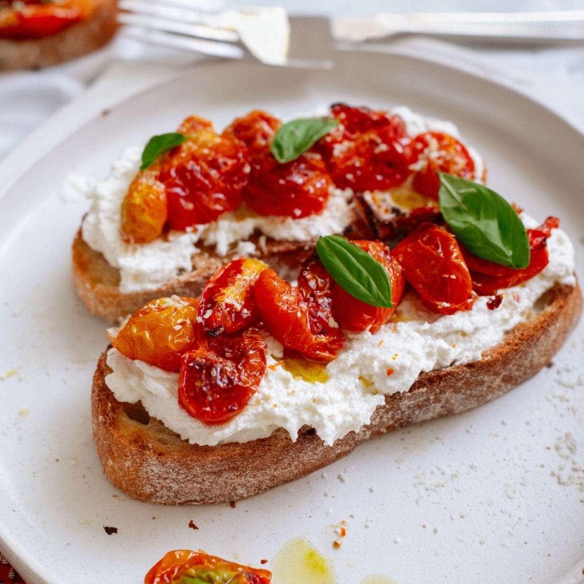 Warm, savory Ricotta Roasted Tomato Toasties, garnished with basil; ready for a quick lunch!