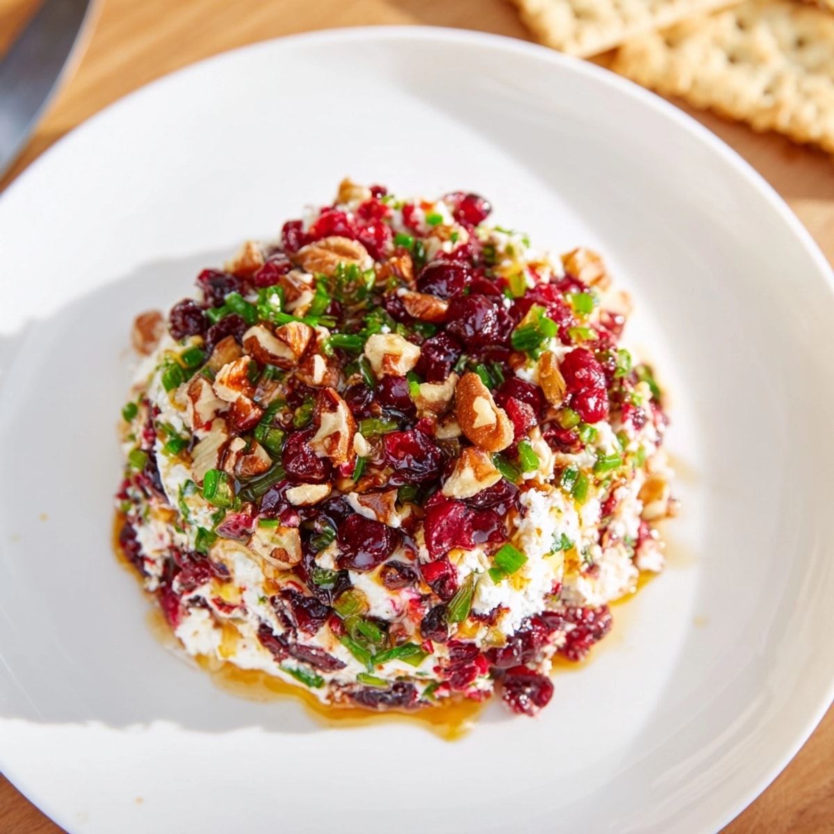 Bright red Cranberry Jalapeño Dip with Honey Drizzle, ready to serve with crackers.