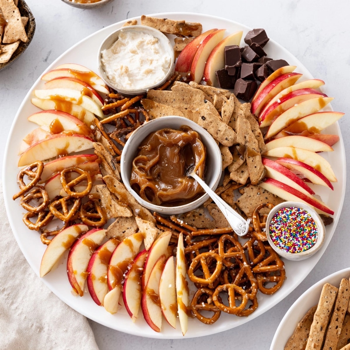 Close-up of a festive Caramel Apple Charcuterie Board with swirls of creamy caramel.