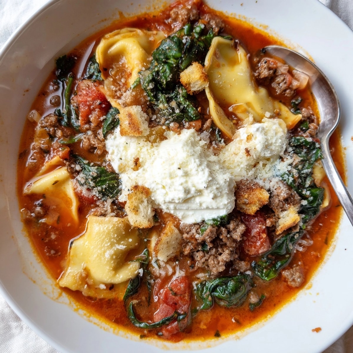 Hearty Lasagne Soup with Roasted Garlic Croutons: warm, savory layers with crispy topping.
