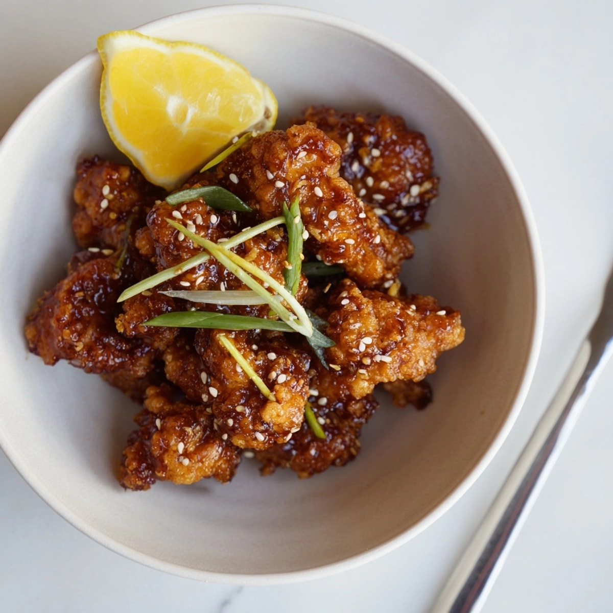 Golden Japanese Karaage, glazed with chili, glistening; a flavorful, crispy chicken appetizer.