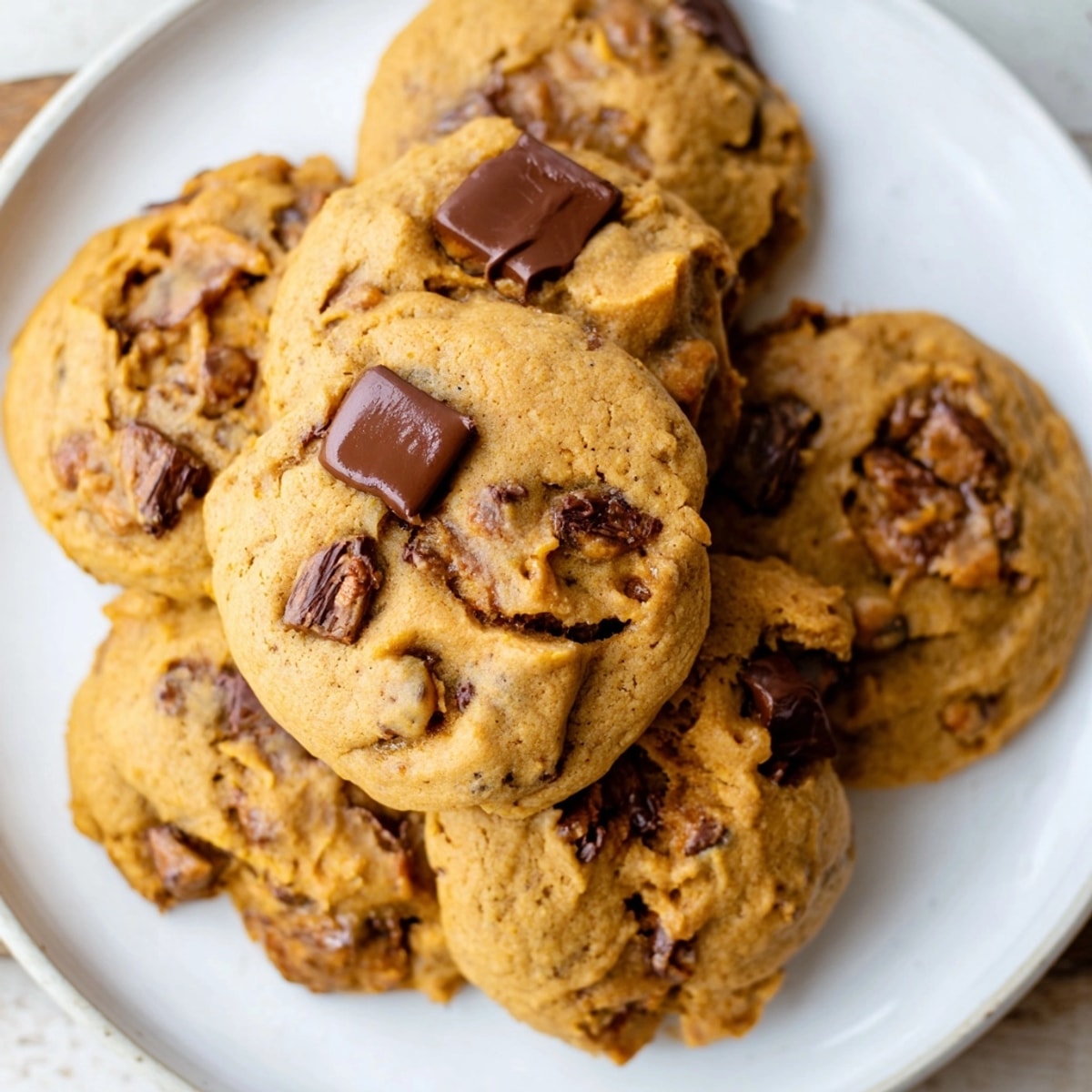 Close-up of warm Pumpkin Chocolate Chip Cookies, dotted with melted chips, ready to eat.