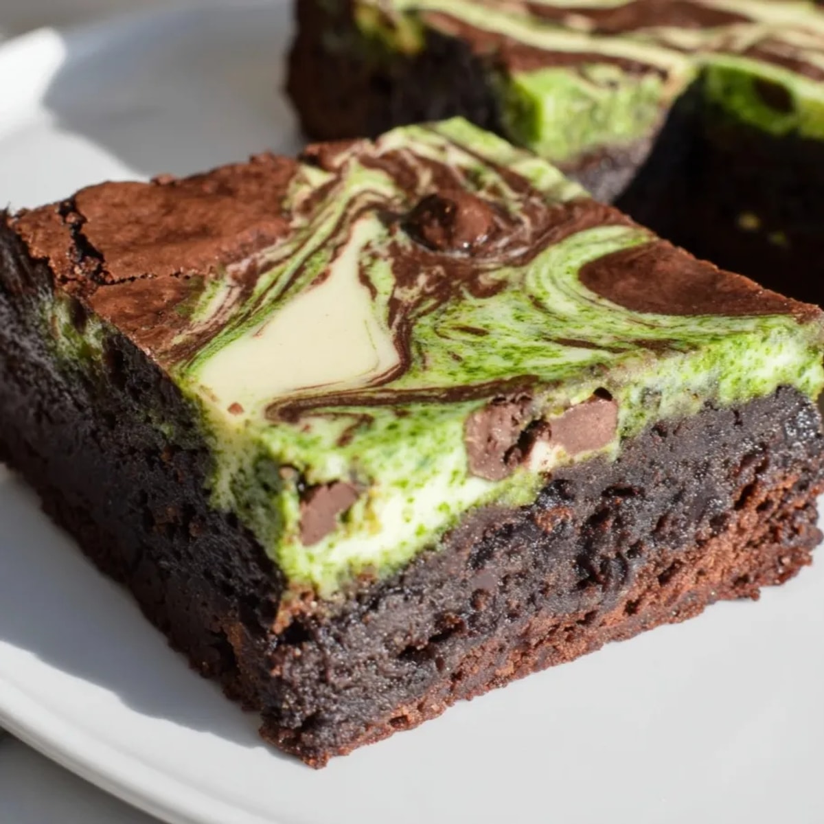 Close-up of vibrant green Matcha Cheesecake Swirl Brownies, a perfect balance of flavors.
