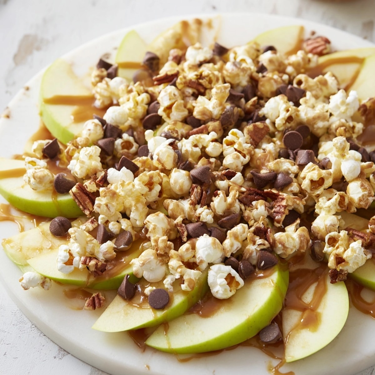 Close-up of Caramel Popcorn Apple Nachos glistening with sweet caramel sauce, festive dessert.