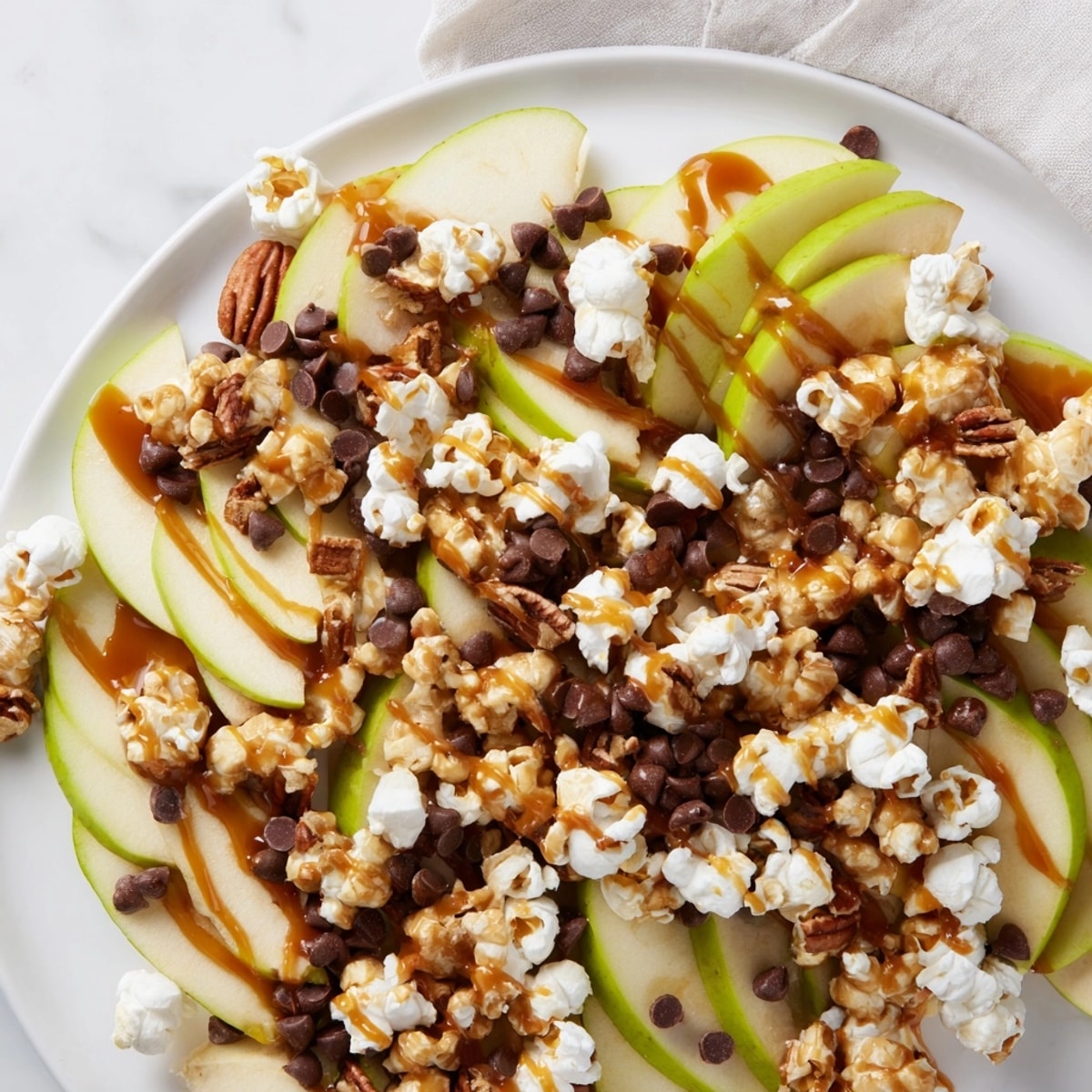 Easy Caramel Popcorn Apple Nachos recipe: a quick, crowd-pleasing snack with melted chocolate.