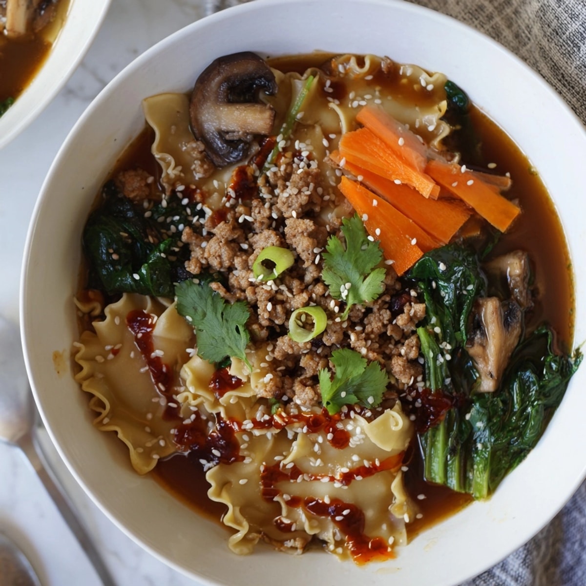 A hearty bowl of Spicy Ramen-Inspired Lasagne Soup, ready to be devoured.
