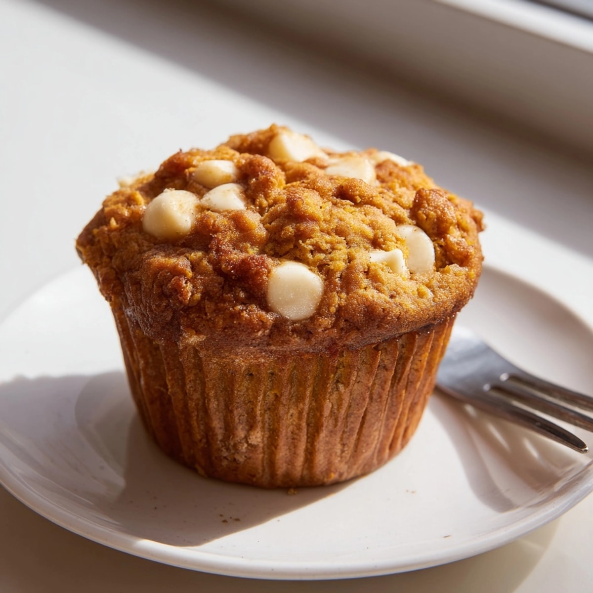 Fluffy homemade Pumpkin Muffins, studded with sweet white chocolate, ready for a delicious breakfast.