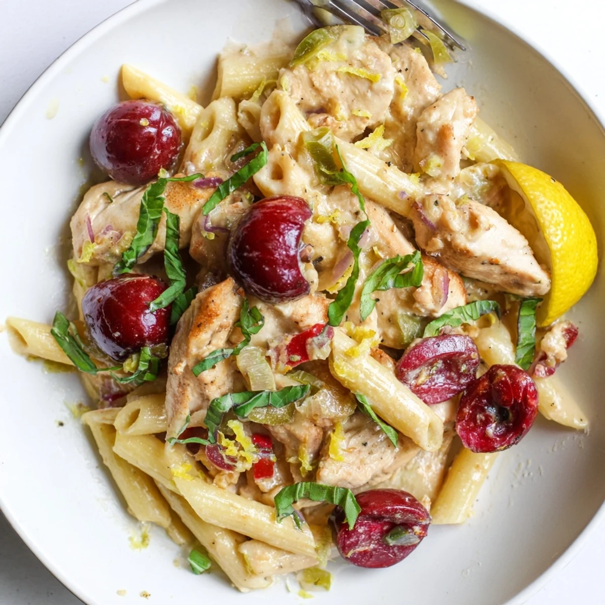 Vibrant Cherry Jalapeño Chicken Pasta topped with fresh basil and creamy sauce.  