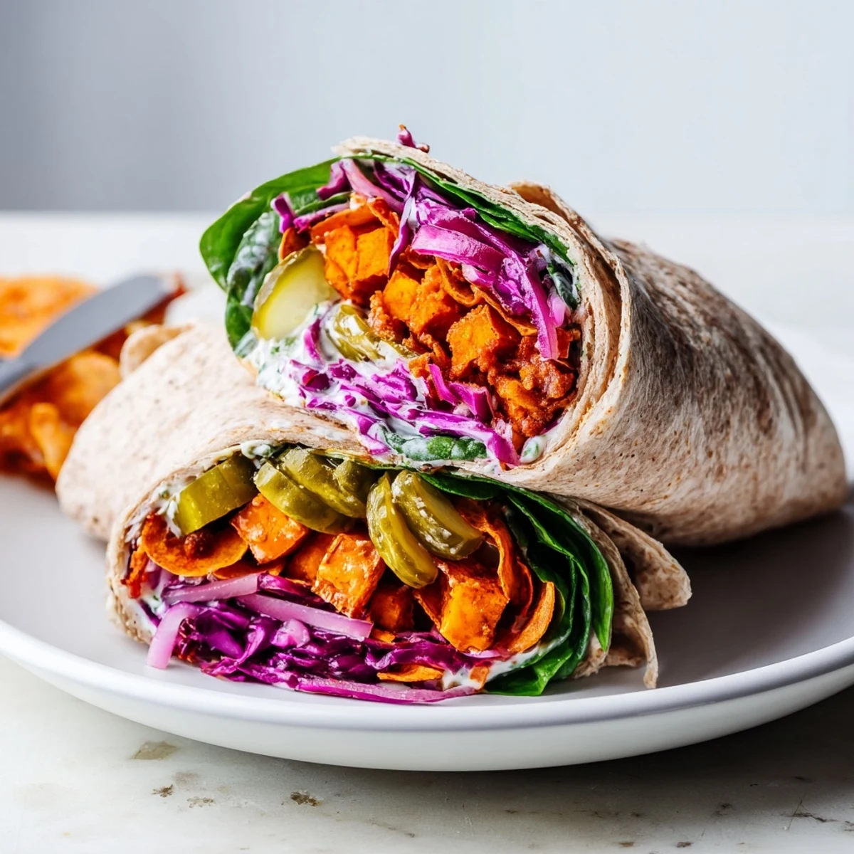 Delicious sweet potato and pickle chip wraps, perfect for a light and tasty lunch.