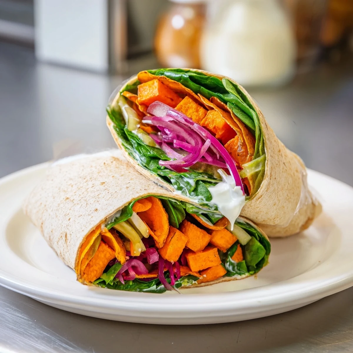 Vibrant sweet potato and pickle chip wraps, bursting with flavor and crunch.  