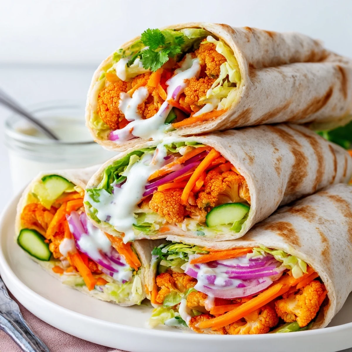 Flavorful buffalo cauliflower bites tightly wrapped in soft tortillas, perfect for lunch.  