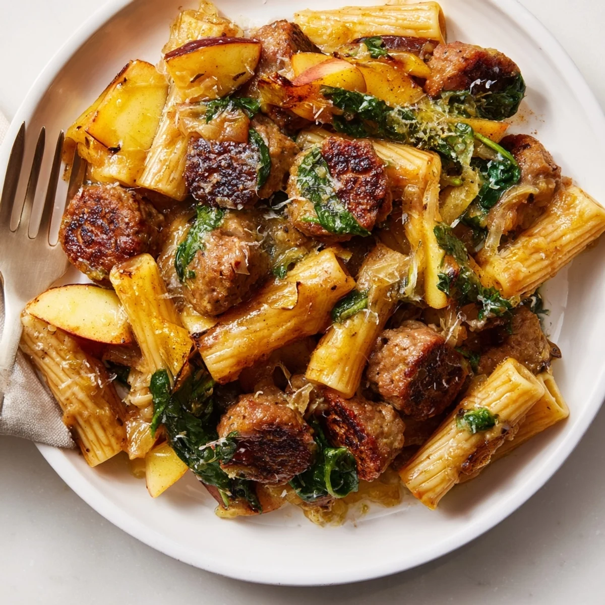 Savory roasted apple and sausage pasta skillet, golden and bubbling with herbs.  