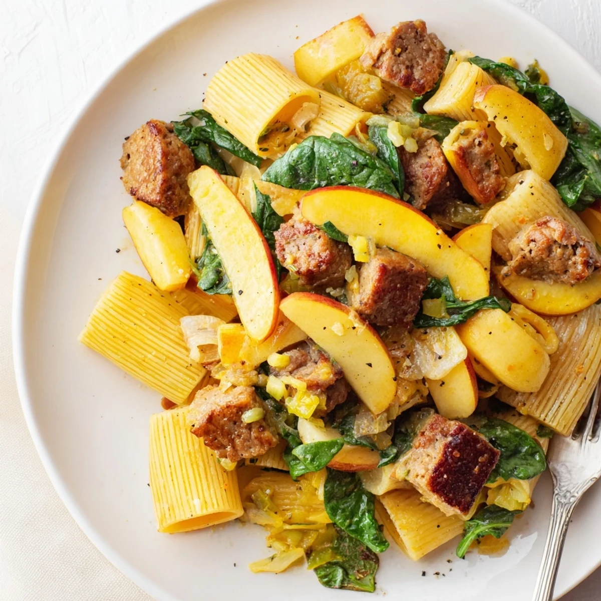 Delicious roasted apple and sausage pasta skillet, served warm in a rustic dish.  