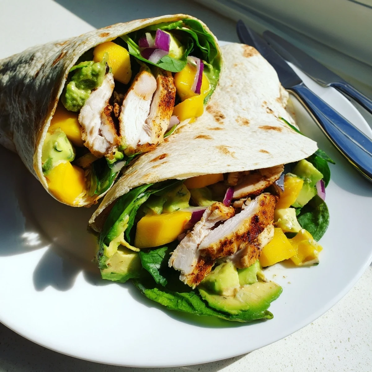 Vibrant Mango Avocado Chicken Wraps filled with juicy chicken, creamy avocado, and colorful veggies.