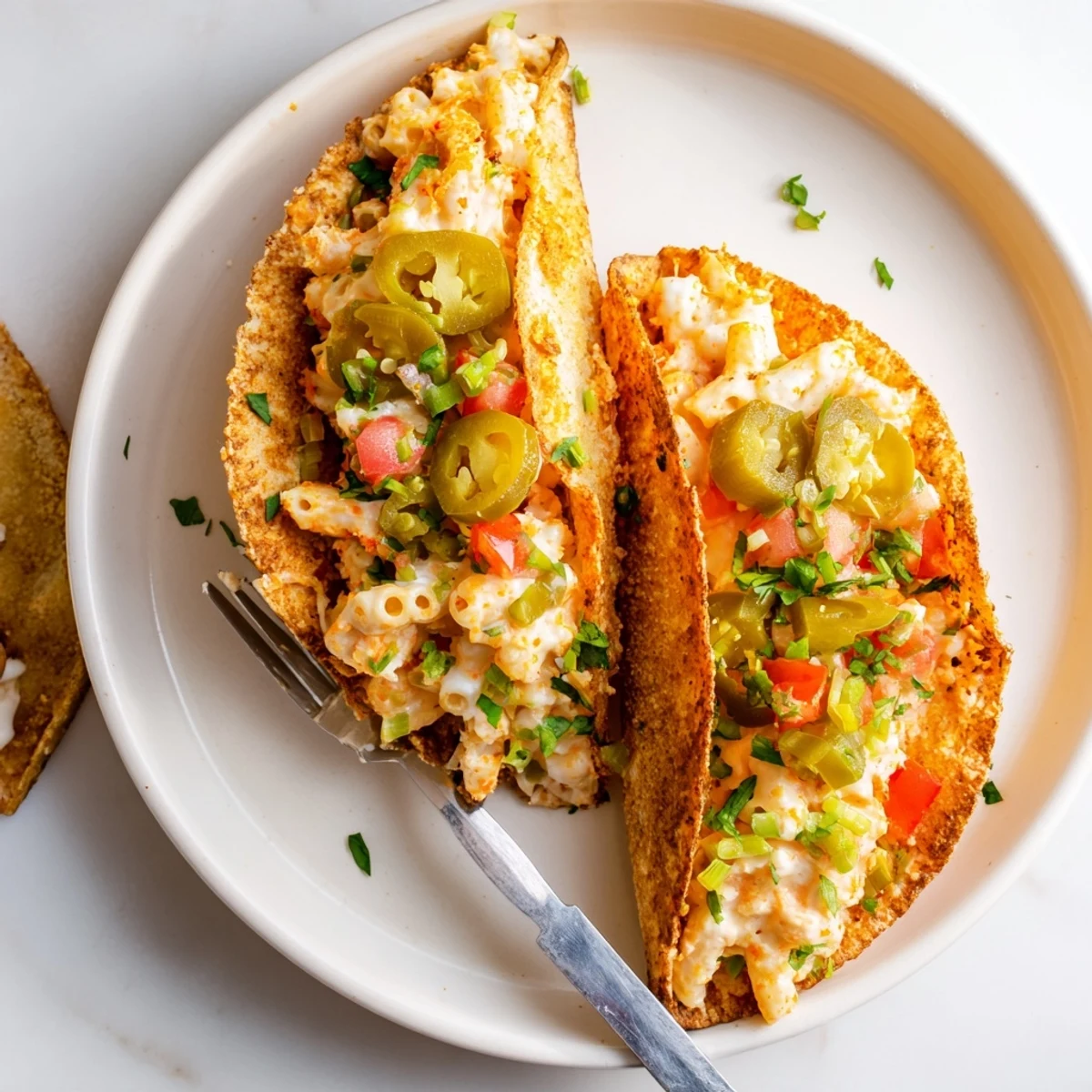 Delicious Mac and Cheese Parmesan Tacos adorned with fresh tomatoes and green onions.