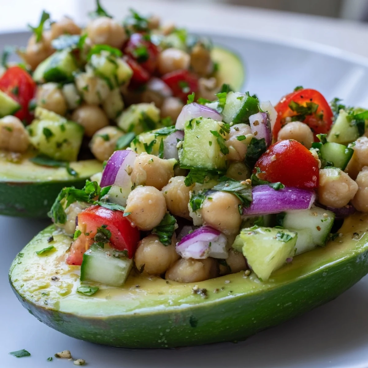 Avocado chickpea breakfast boats topped with colorful veggies, offering a nutritious start.