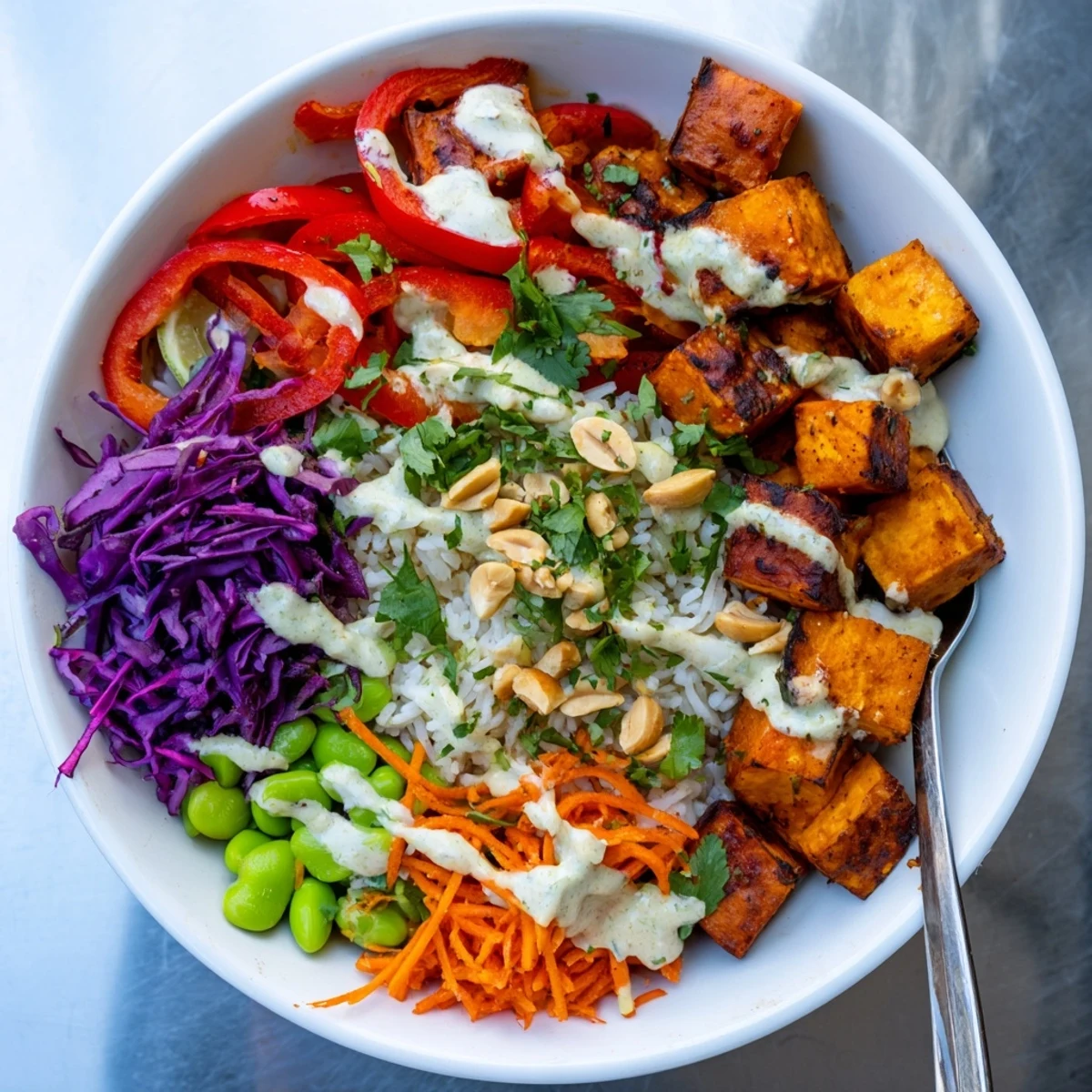 A colorful Thai Peanut Roasted Sweet Potato Bowl with vibrant veggies and creamy sauce.
