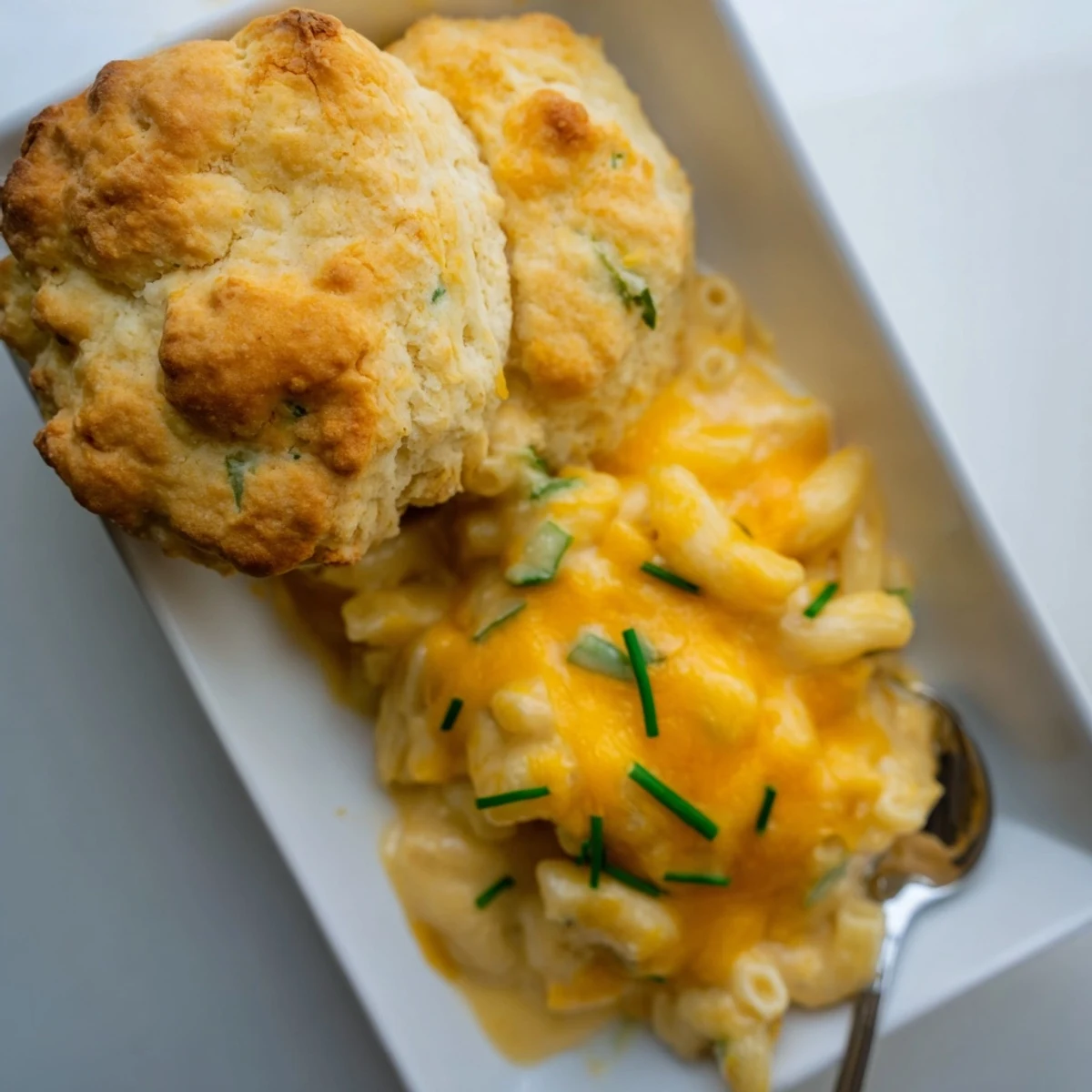 Delicious Mac and Cheese Chive Biscuit Bake, perfect for cozy family dinners or potlucks.  