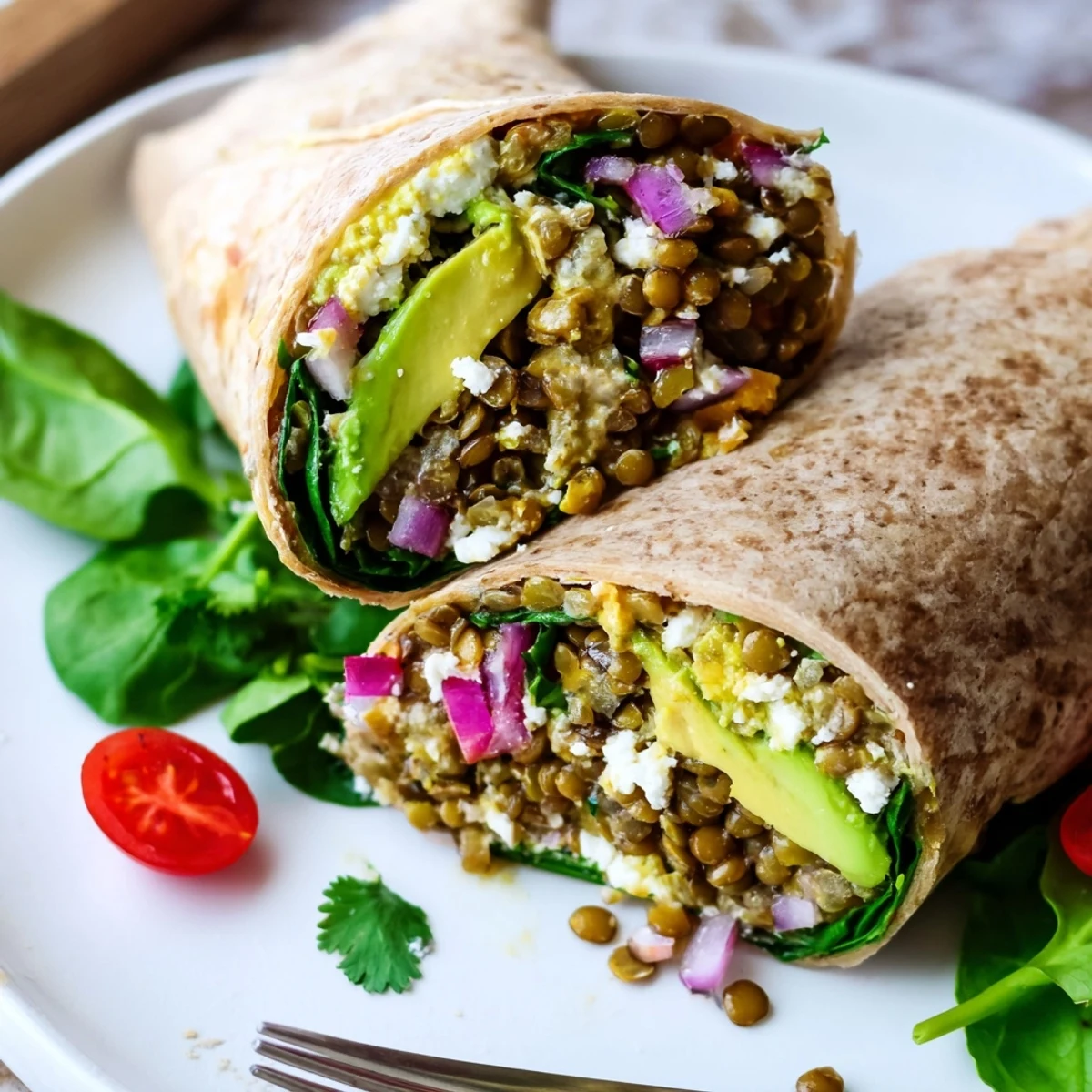 Delicious Avocado Lentil Breakfast Wrap showcasing fresh ingredients for a healthy start.  