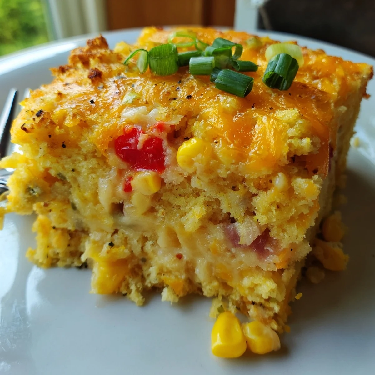 Sizzling Cheesy Cajun Cornbread Casserole, a comforting dish loaded with sweet corn and cheese.
