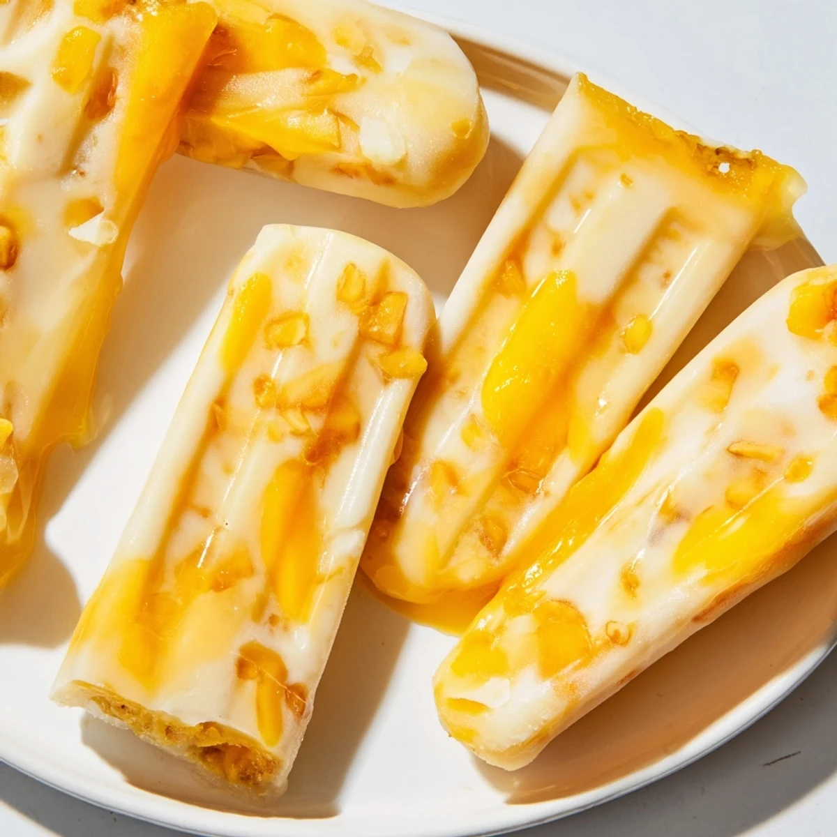 Ripe mango and banana breakfast popsicles topped with creamy yogurt for a refreshing treat.  