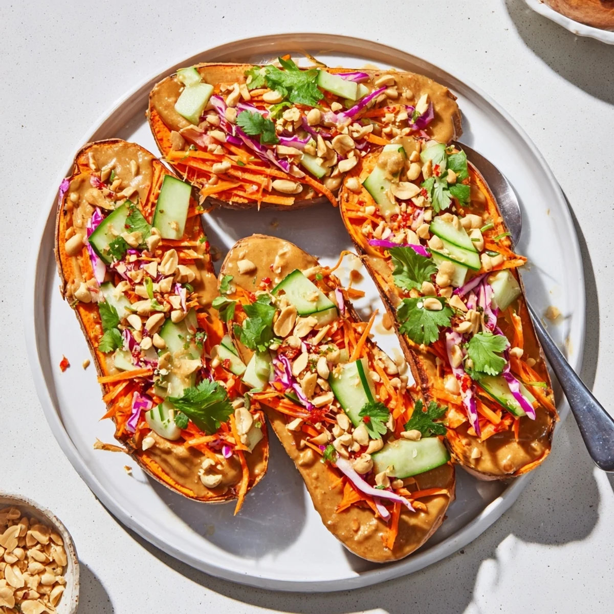 Roasted sweet potato slices topped with creamy Thai peanut sauce and fresh veggies.  