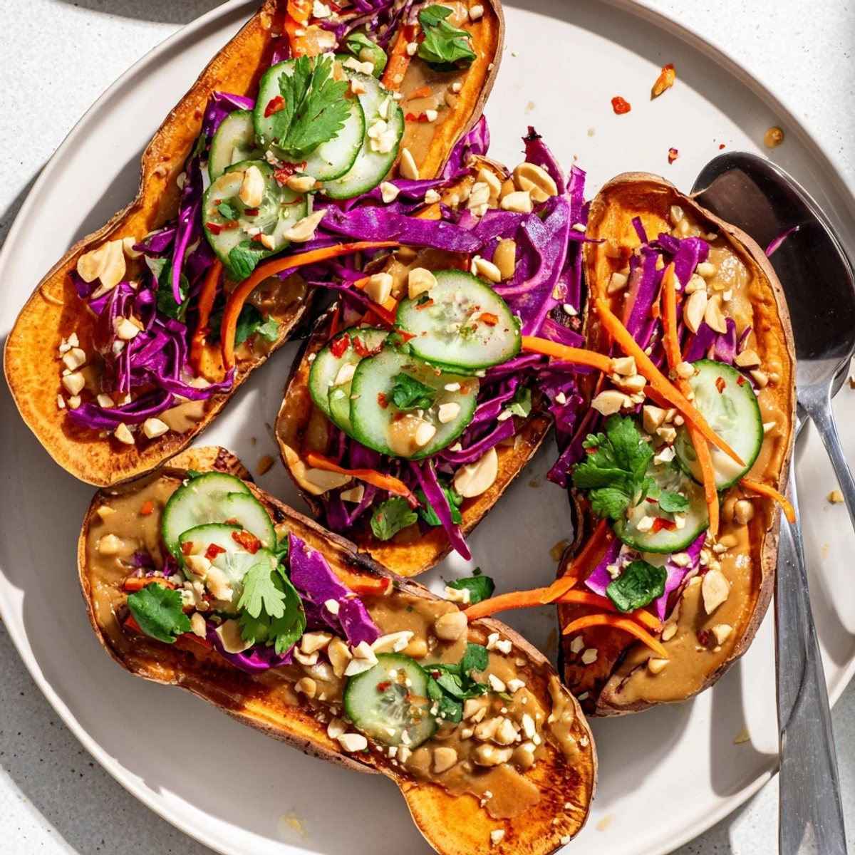 Vibrant Thai Peanut Sweet Potato Toast garnished with crunchy cabbage and cilantro sprigs.  