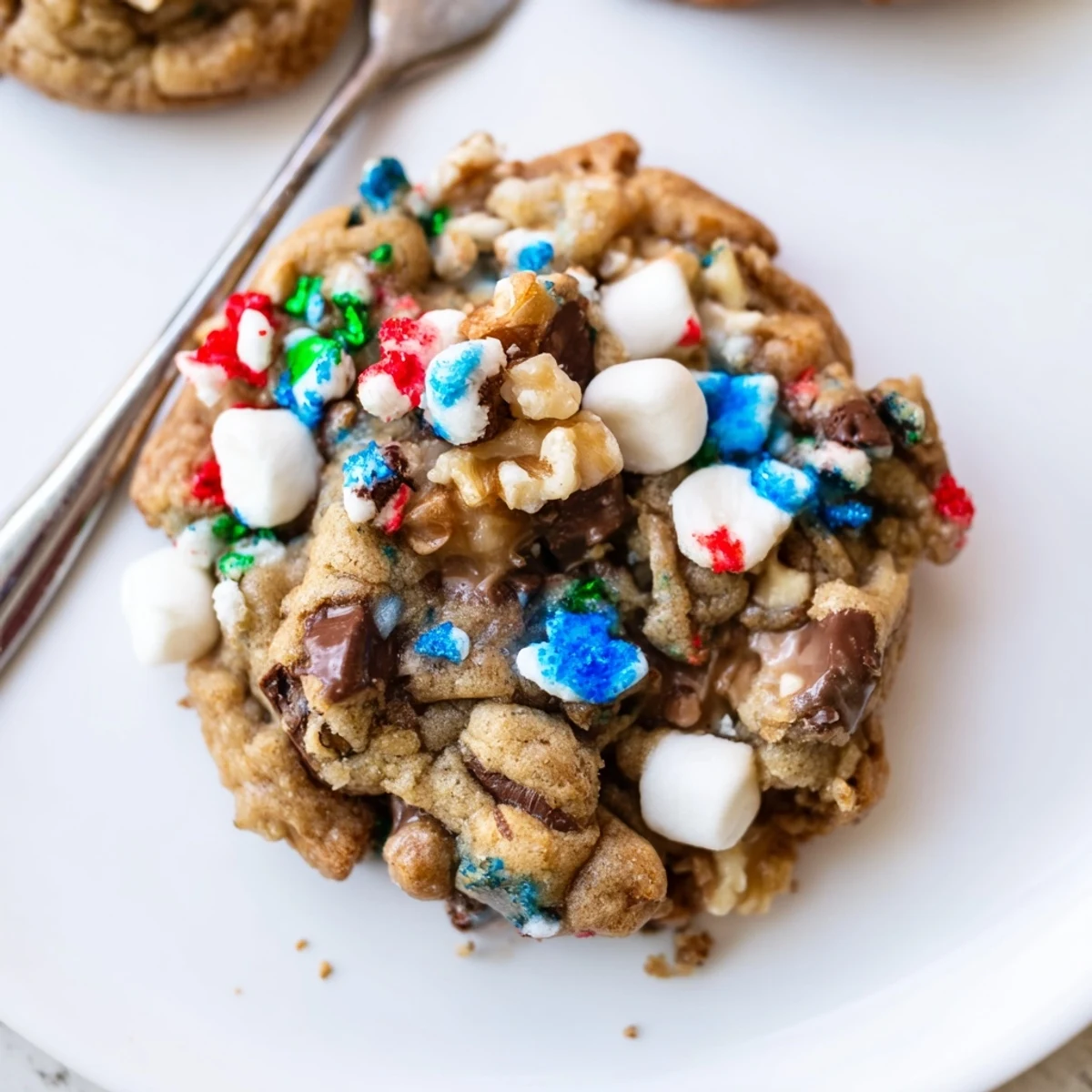 Chewy Loaded Rocky Road Hanukkah Christmas Cookies topped with festive sprinkles and mini marshmallows.
