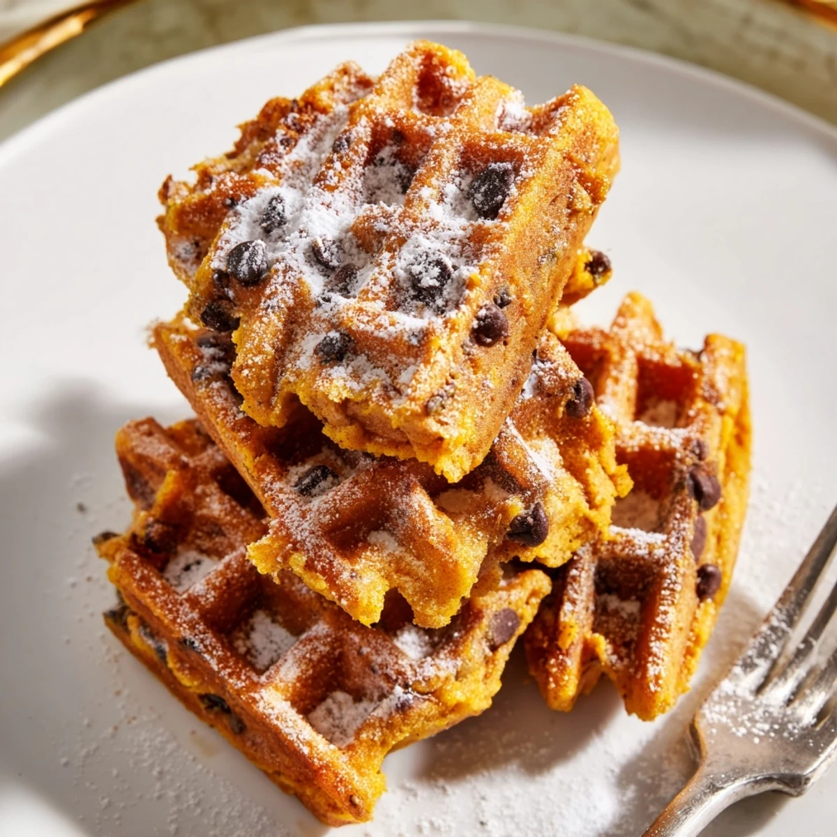 Soft pumpkin muffin waffle bites with a crispy exterior, perfect for breakfast enjoyment.  