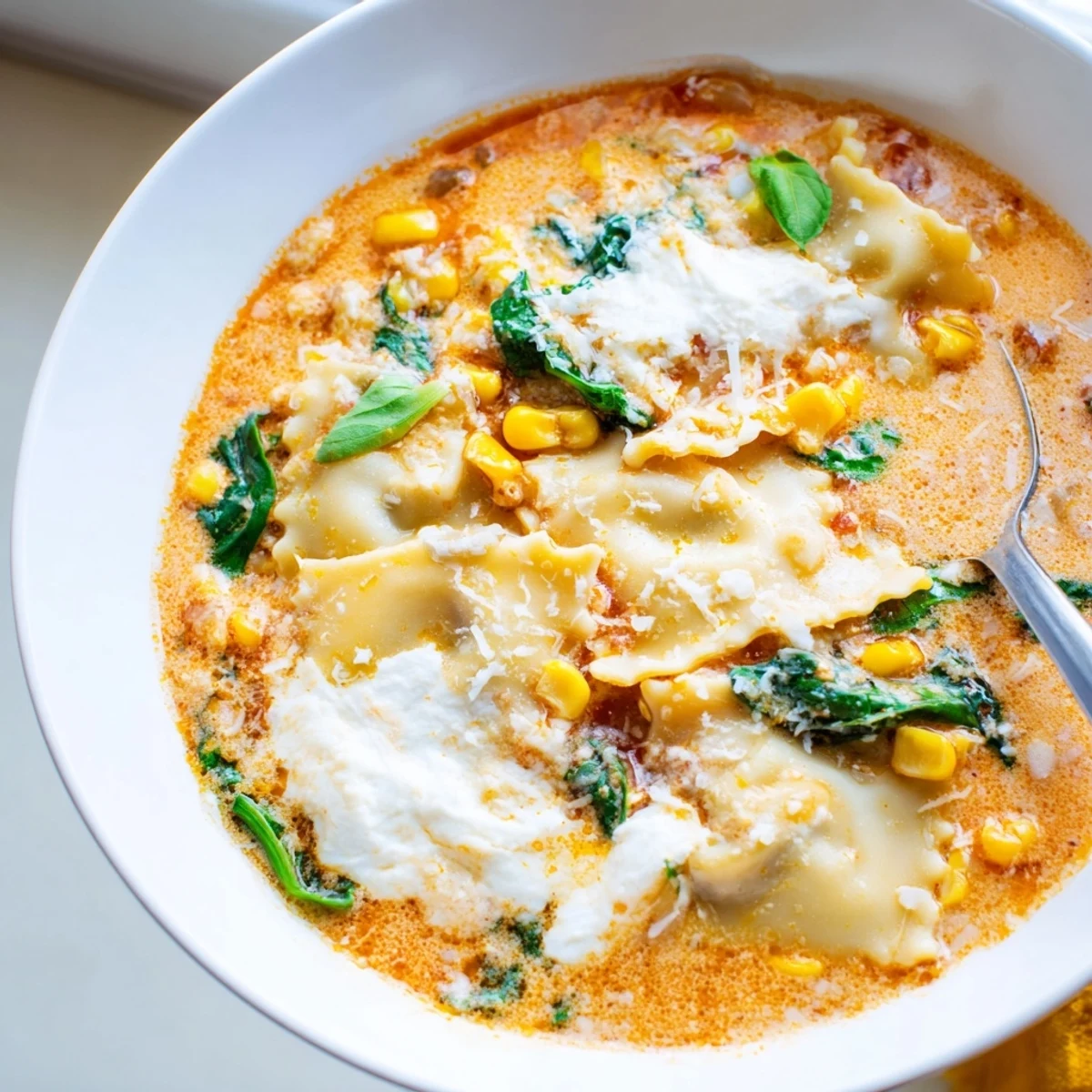 Creamy Lasagne Soup with Sweet Corn Masala, served hot with extra cheese.