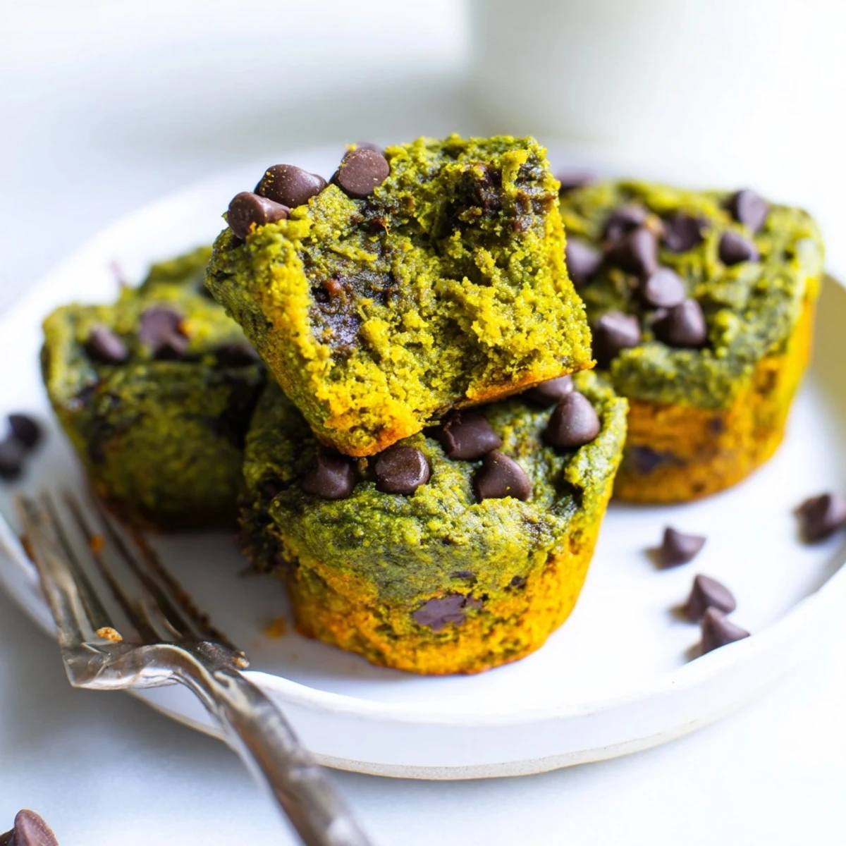 Deliciously vibrant Matcha Pumpkin Chocolate Muffin Bites perfect for snacking any time.  