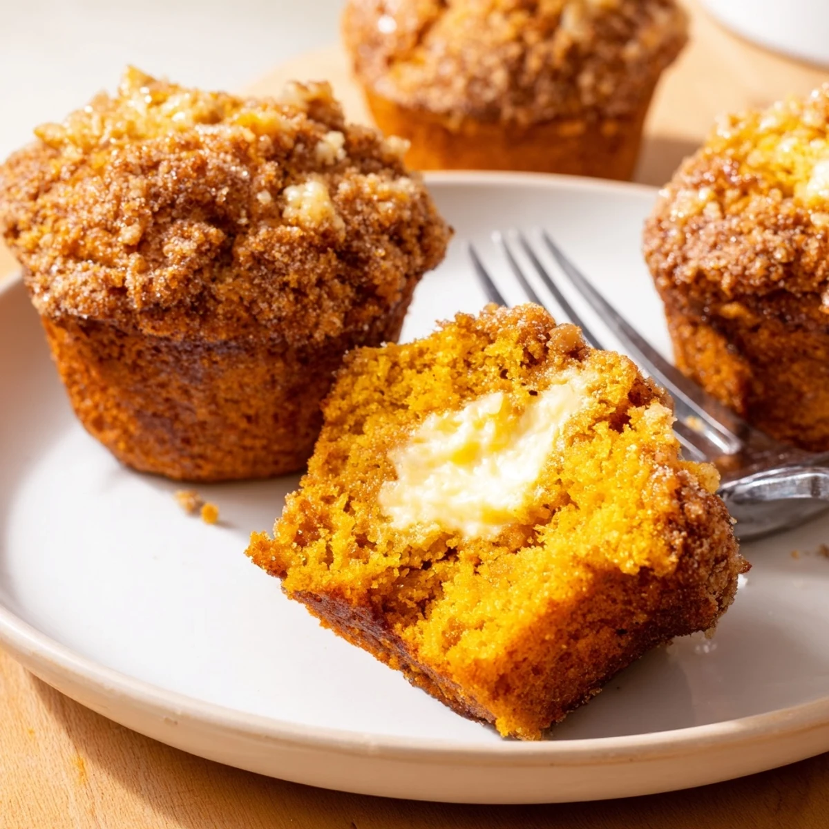 Moist pumpkin muffins stuffed with rich maple cream, ideal for fall mornings.  