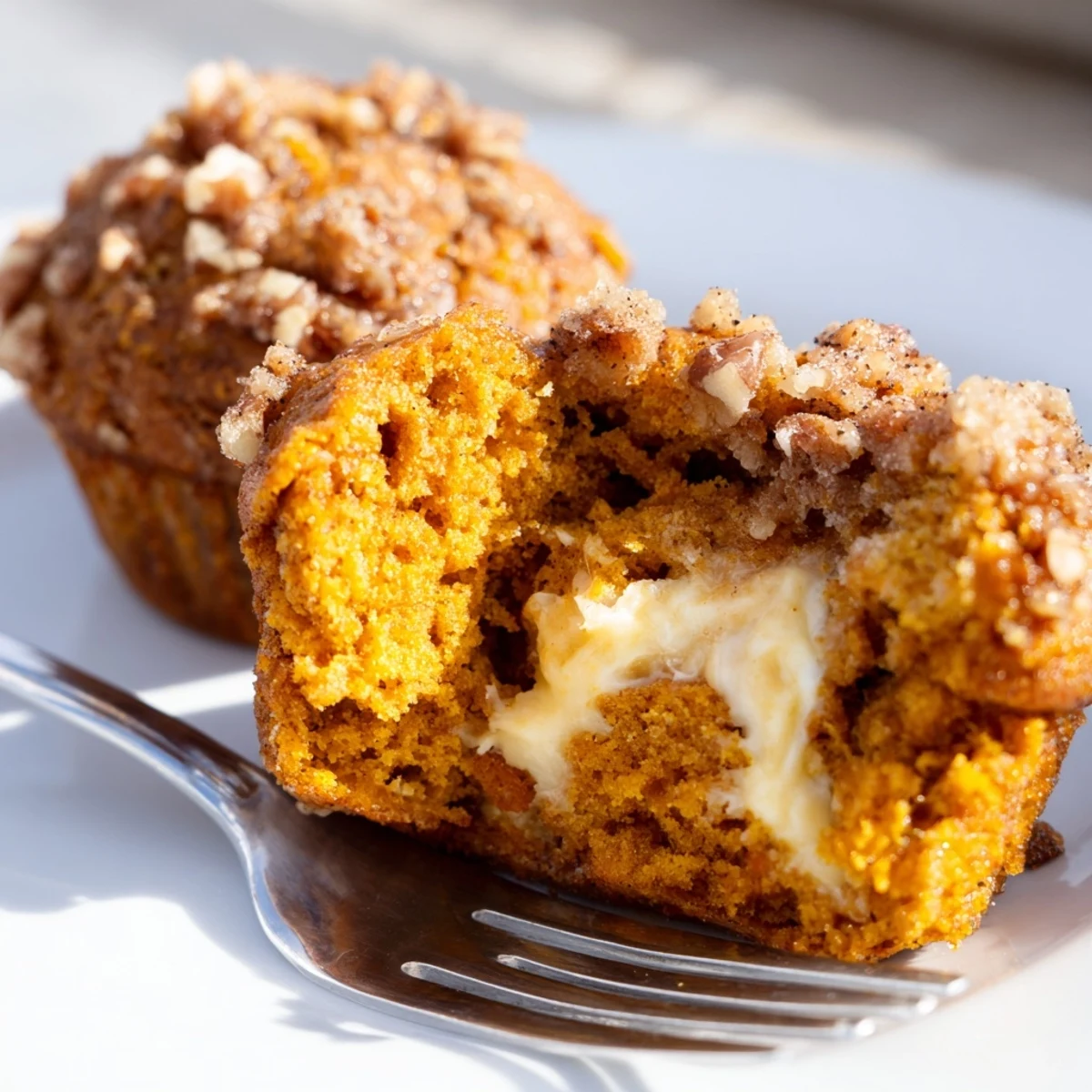 Deliciously spiced pumpkin muffins filled with creamy maple, a festive dessert treat.