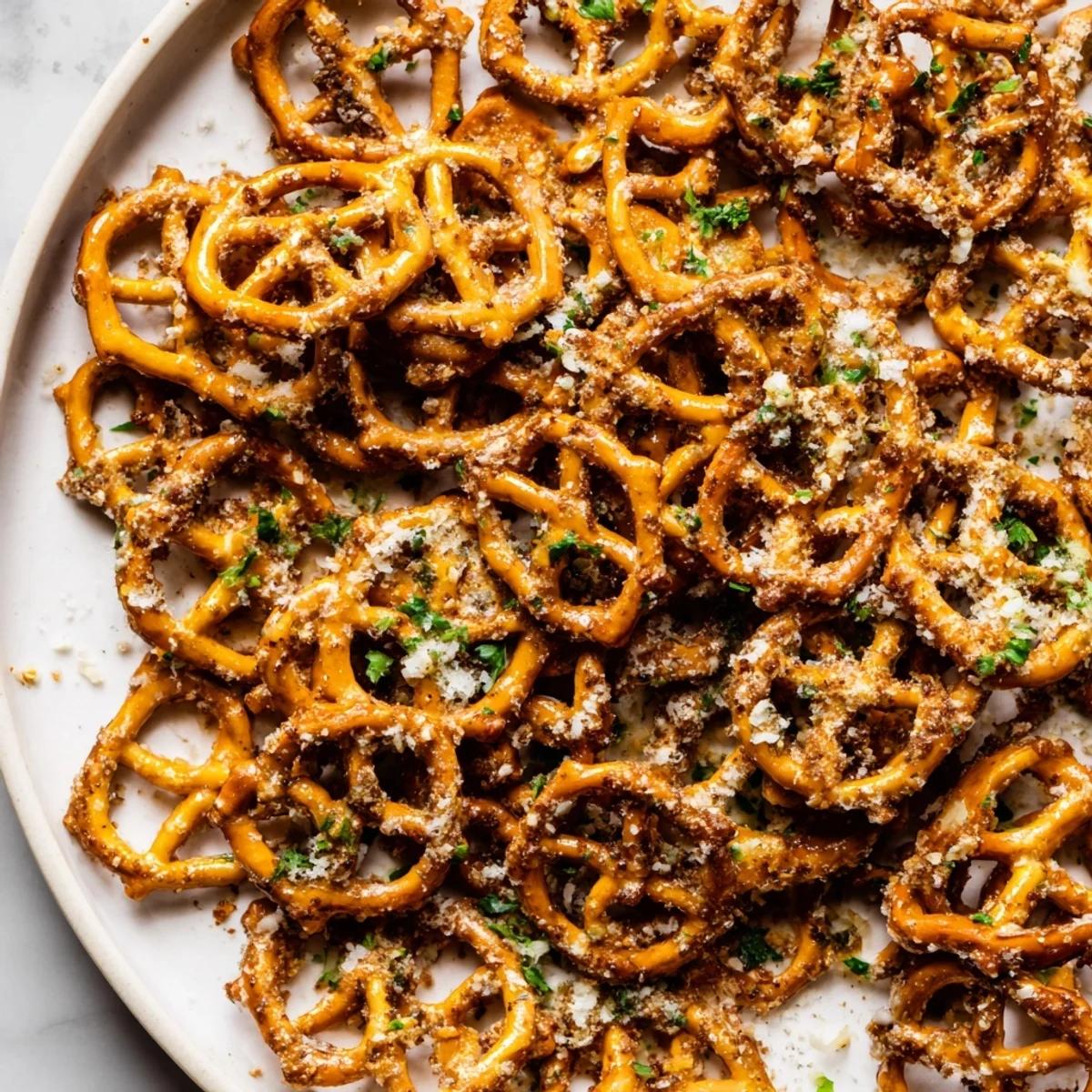 Golden-brown Holiday Snack Spicy Pretzel Chips bursting with bold spices, perfect for gatherings.  