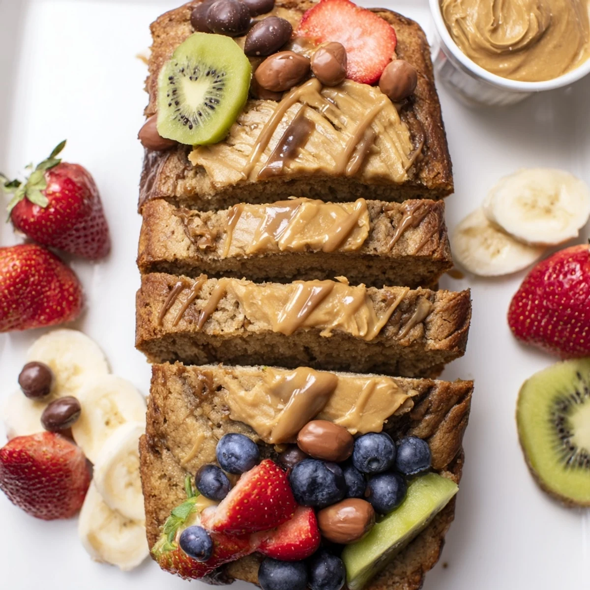 Moist caramel banana bread slices paired with vibrant fruits and delicious dips.