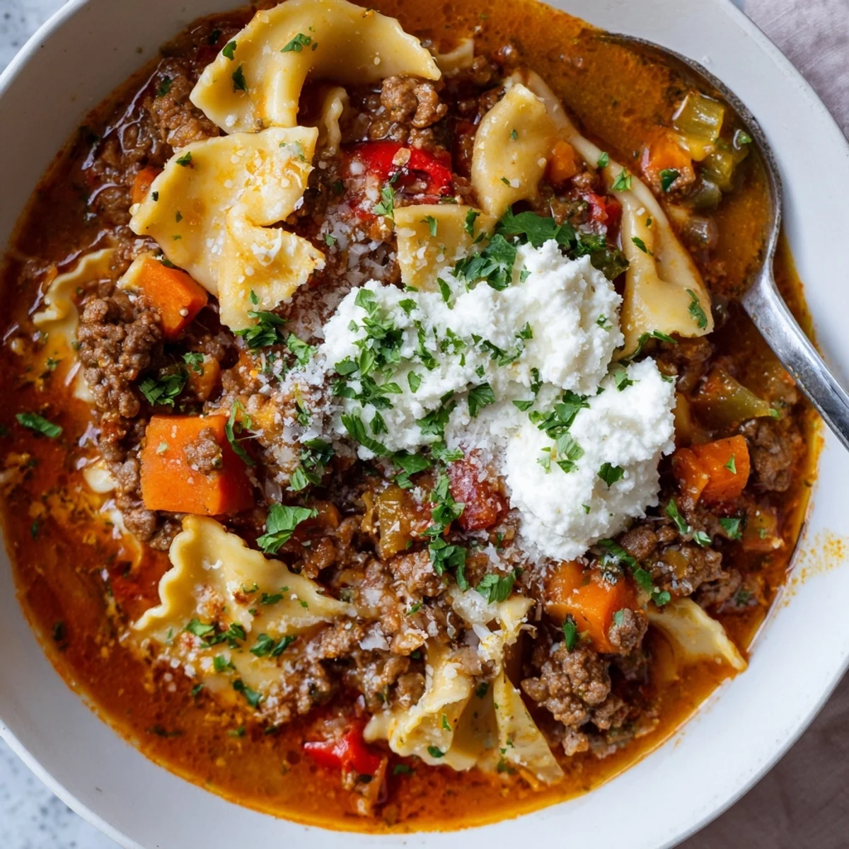 Creamy Lasagne Soup with Cheesy Jalapeño Twist, garnished with fresh parsley and jalapeños.  