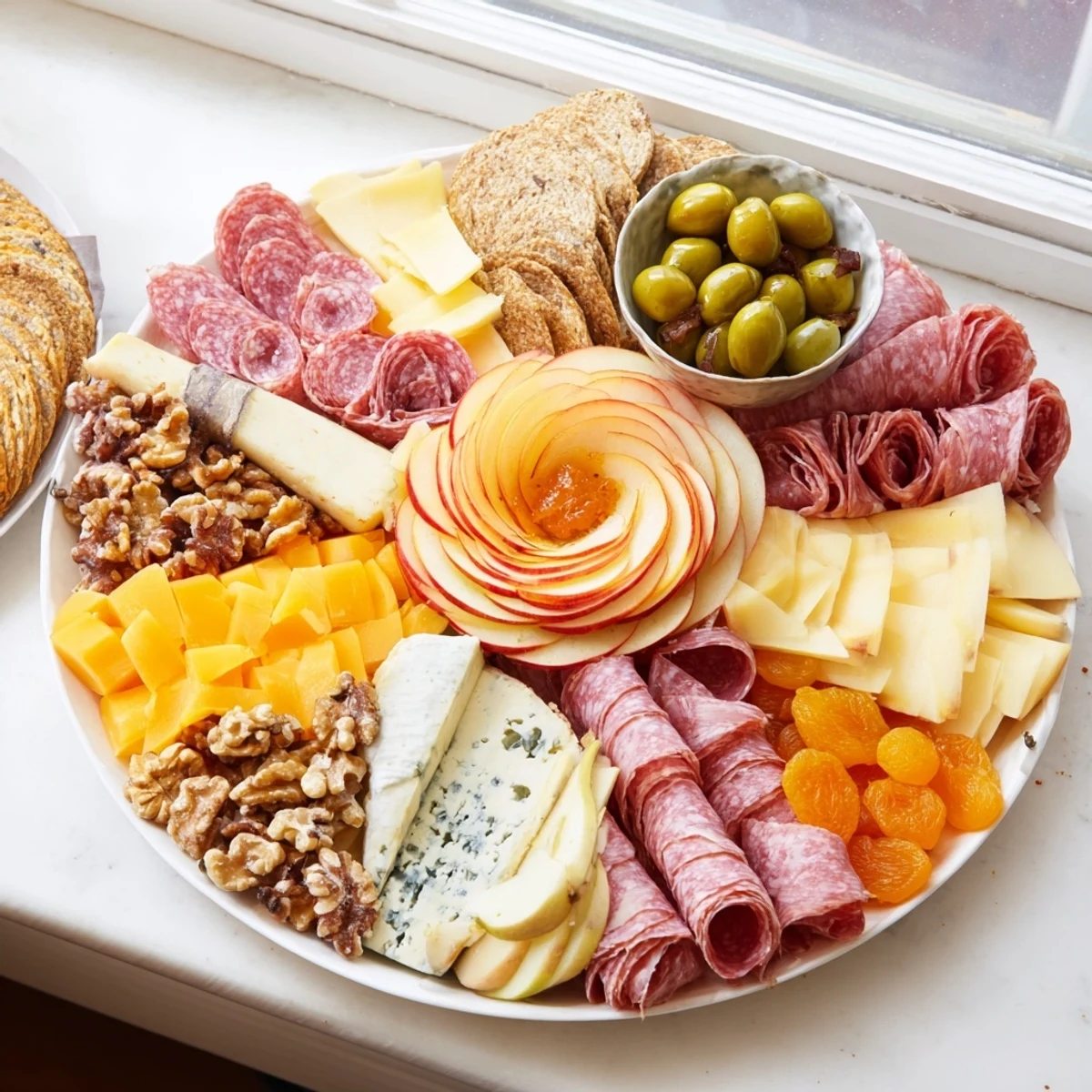 Beautifully arranged charcuterie board showcasing fresh fruits and delicate apple rosettes.