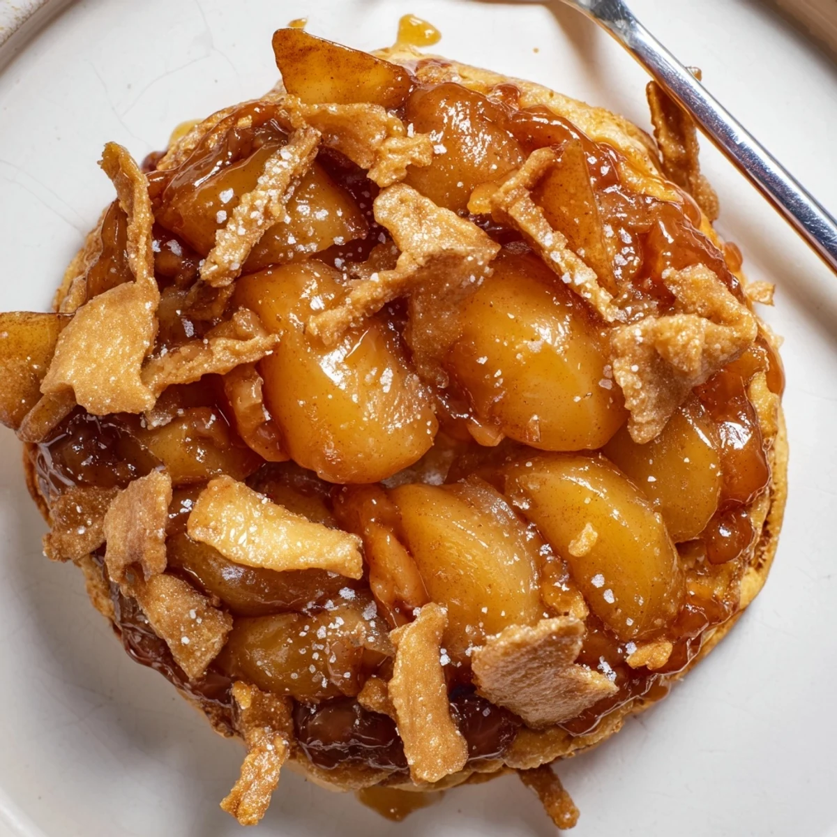 Decadent caramel apple tarte Tatin drizzled with candy crunch for irresistible sweetness.  