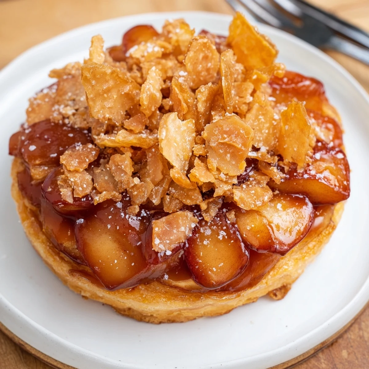 Golden upside-down tart featuring tender apples and buttery pastry, perfect for dessert lovers.  