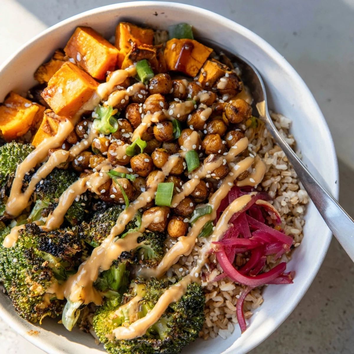 Colorful grain bowls featuring miso-butter and gochujang-maple sauces, perfect for lunch.