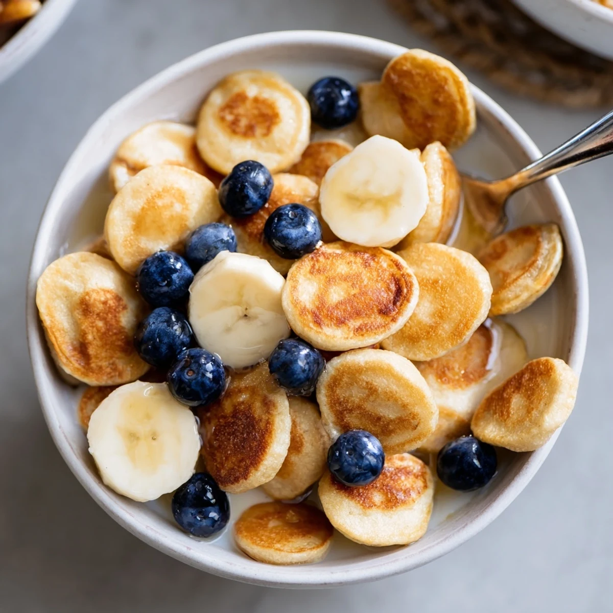 Bite-sized mini pancake cereal served with fresh berries and maple syrup.  