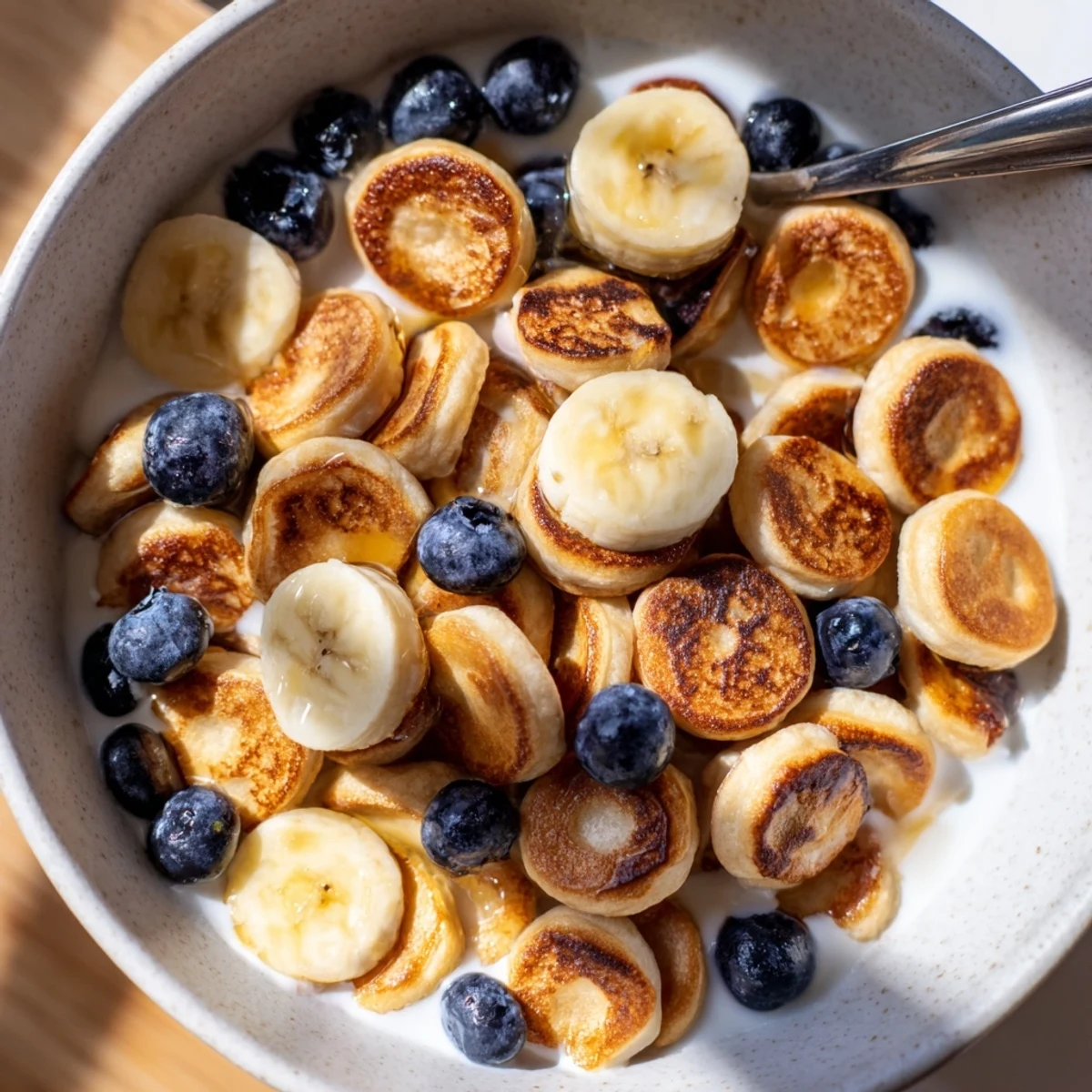 Golden brown mini pancake cereal drizzled with honey and topped with banana slices.  