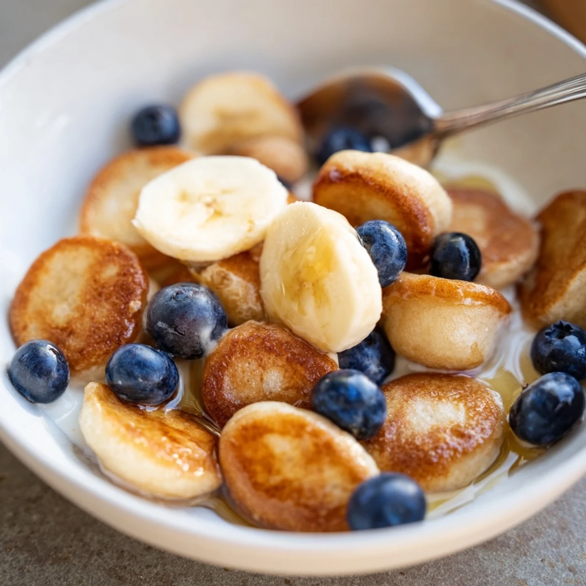 Fluffy mini pancake cereal in a bowl, swimming in milk and fresh fruit.