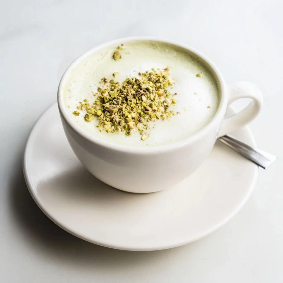 Creamy pistachio milk latte topped with frothy milk and crushed nuts.  