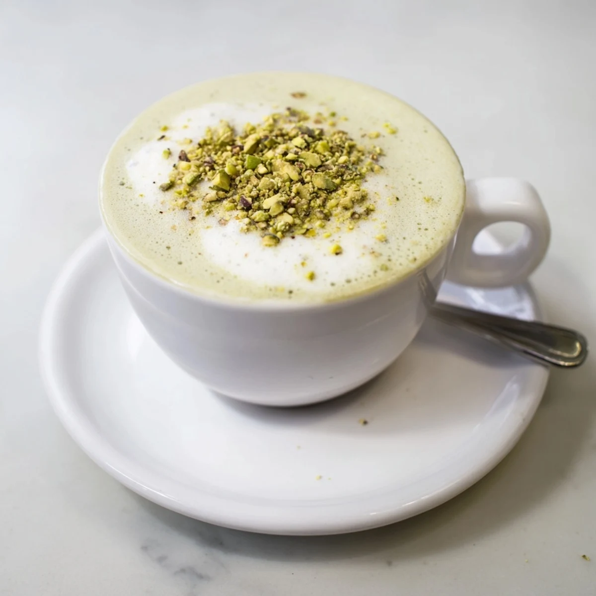 Nutty and fragrant pistachio milk latte, perfect for cozy mornings at home.