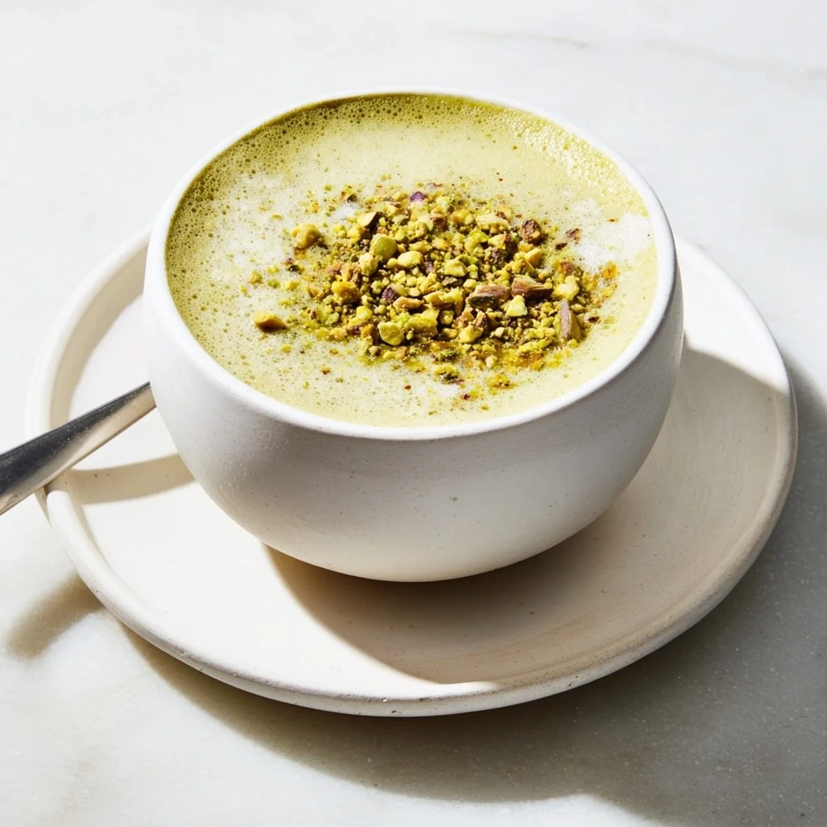 Homemade pistachio milk latte served hot, enhancing your coffee experience.  