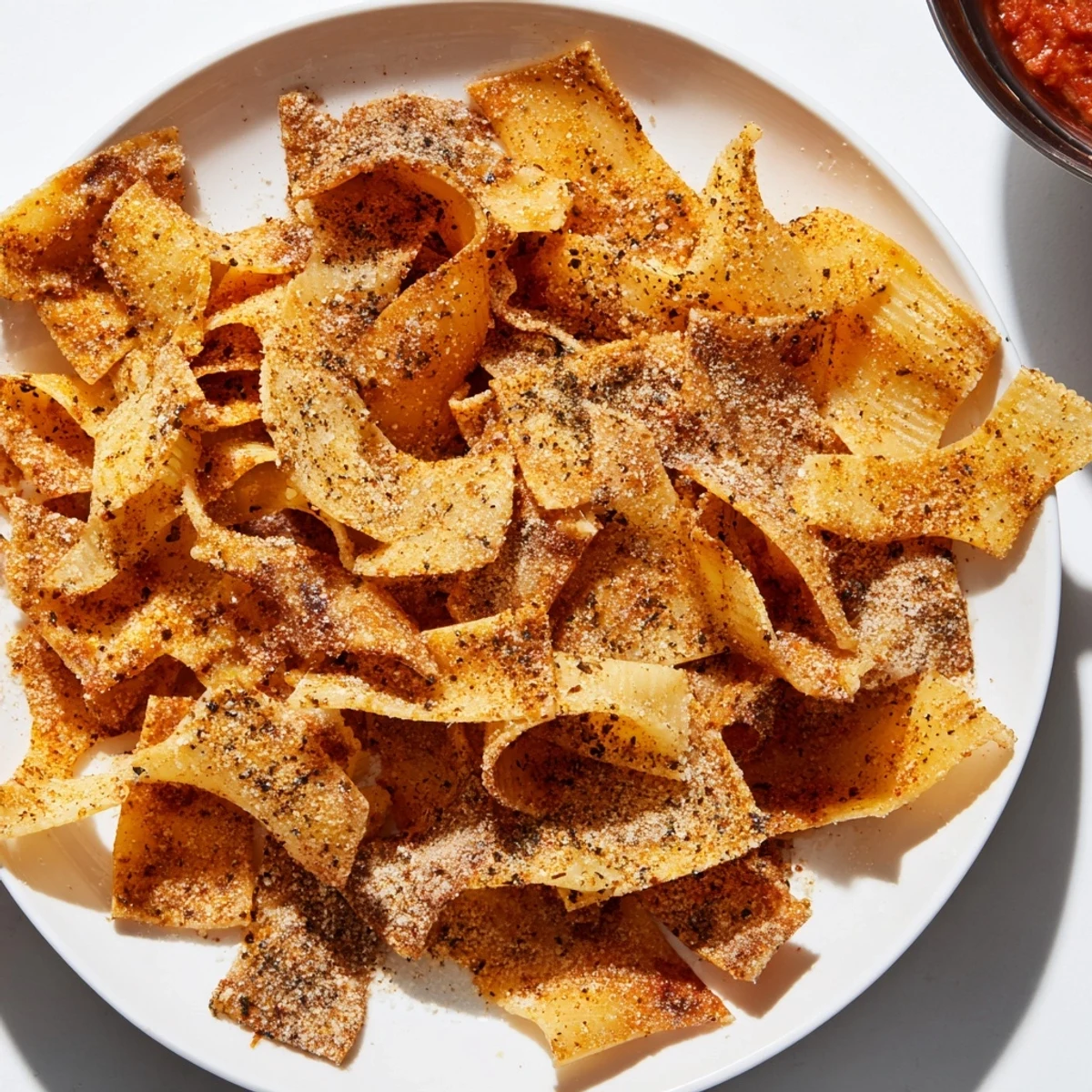 Crispy pasta chips seasoned with garlic and paprika, perfect for dipping.  