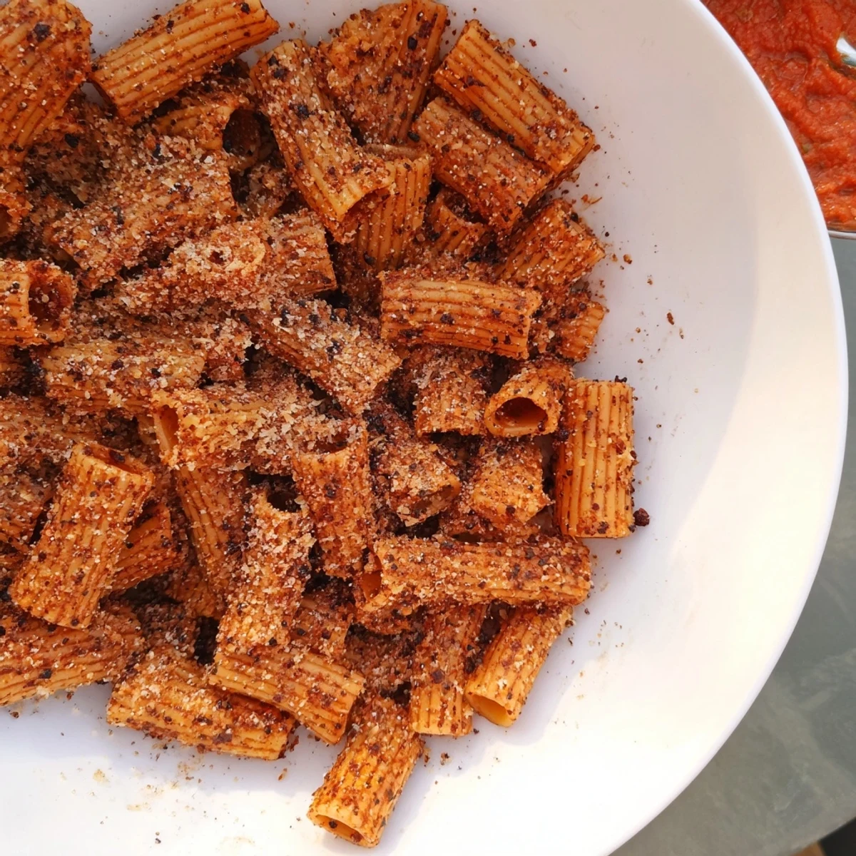 Flavorful, crunchy pasta chips garnished with Parmesan, perfect for creamy dips.